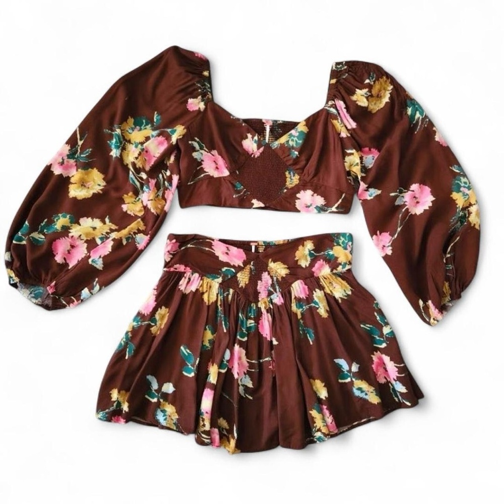 Free People Floral Long Sleeve two piece set- Brown and Pink